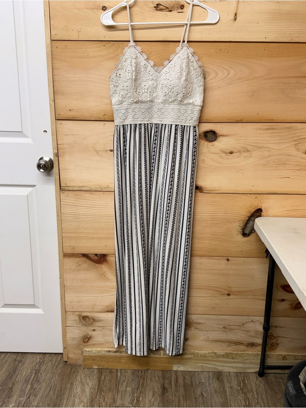 No Boundaries Cream Lace Strappy Chemise with Black-Striped Skirt
